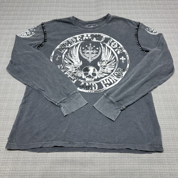 Affliction 2XL Graphic Thermal Long Sleeve Shirt Gray Wing Skull Biker Raw State - Picture 1 of 12